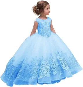 Princess Flower Girl Dresses for Wedding Lovely Kids Lace Appliques Prom Gowns - Picture 1 of 23