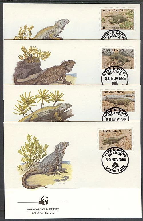 TURKS & CAICOS ISLANDS 1986 WWF IGUANAS SET ON FDC’s (x4) - Image 1 of 1