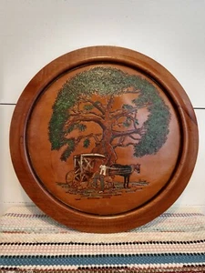 Vintage Tooled Leather Wall Hanging Picture Round Wood Handmade - Picture 1 of 10