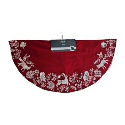 Martha Stewart Crewel Red WOODLAND FOLK CHRISTMAS TREE SKIRT Wool Deer Bird Fox - Image 1 of 4