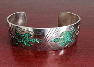 HANDMADE SOUTHWEST STERLING SILVER TURQUOISE INLAY BRACELET. 6.5"(1.2). 30GRS - Picture 1 of 14