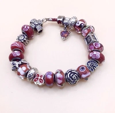 Charms Armband Rottöne versilbert / Murano Glas 22 Beads Vintage Unikat 🎀 - Bild 1 von 4