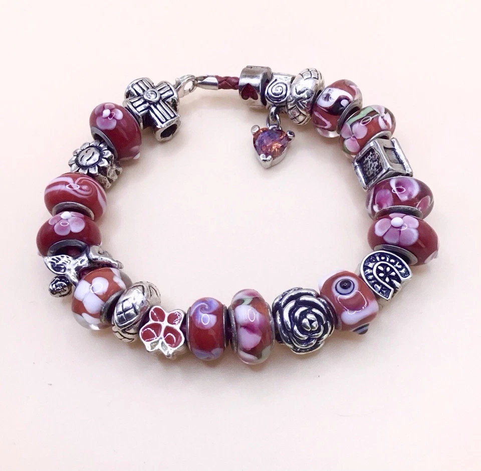 Charms Armband Rottöne versilbert / Murano Glas 22 Beads Vintage Unikat 🎀 - Bild 1 von 4