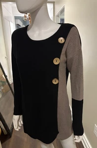 Alison Sheri Boutique Long Sleeve Gray Black Tan Tunic Sweater Large Buttons Med - Picture 1 of 9
