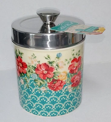 The Pioneer Woman Vintage Floral Pet Treat Jar Canister & Lid Metal Brand New - Image 1 of 4
