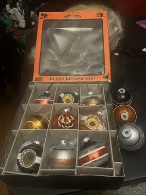 12 SHINY BRITE 3-inch Glass Striped & Pumpkin Halloween 9 Ornaments Box + 3 - Image 1 of 4