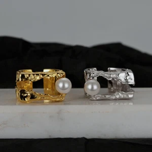 Fancy Irregular Double Layers Round Shell Pearl 18k Gold Plated Adjustable Ring - Picture 1 of 5