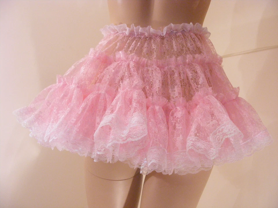SISSY ADULT BABY FANCY DRESS PINK LACE MICRO MINI SKIRT 11"LONG COPLAY LOLITA - Image 1 of 4