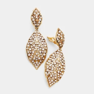Women's Pave Crystal Rhinestone Leaf Clip on Earrings - Picture 1 of 3