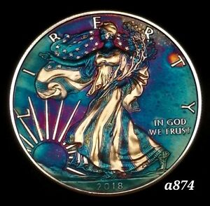 Silbermünze American Eagle bunt Regenbogentoning #a874