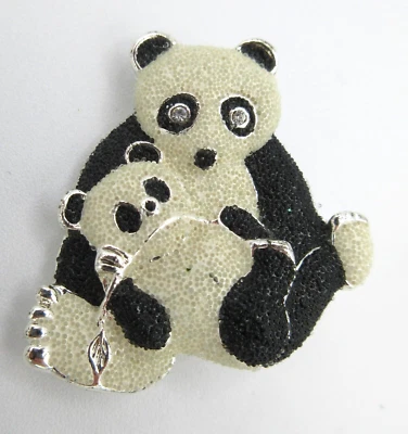 VTG black off white PANDA BEAR clear Rhinestone BROOCH Pin silver tone Mom baby - Image 1 of 3