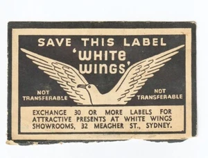 VINTAGE 1940s AUSTRALIAN WHITE WINGS PACKET ADVERTISING LABEL / COUPON - SYDNEY - Picture 1 of 2