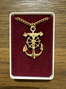 24” Pewter Gold-tone Necklace Anchor Ship Wheel Pendant Chain Nautical Crucifix - Picture 1 of 6