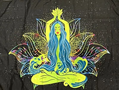 Meditating Woman Tapestry Wall Hanging Black Light Reactive Lotus 37”x29” - Image 1 of 4