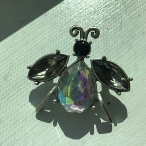 VTG Jelly Belly Iridescent Rhinestone Insect Brooch Pin Pewter Silver Tone w/ C - Picture 1 of 9