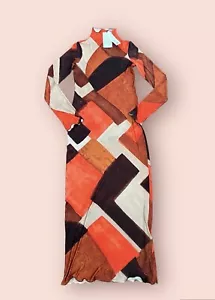 Zara Maxi Dress Women’s Sz S Orange Black Geo Bodycon Pullover Long Sleeves New - Picture 1 of 9