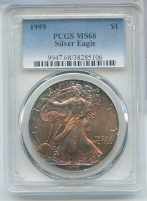 1999 American Silver Eagle 1oz 999 PCGS MS68 Toned Toning-SS927 - Image 1 of 2