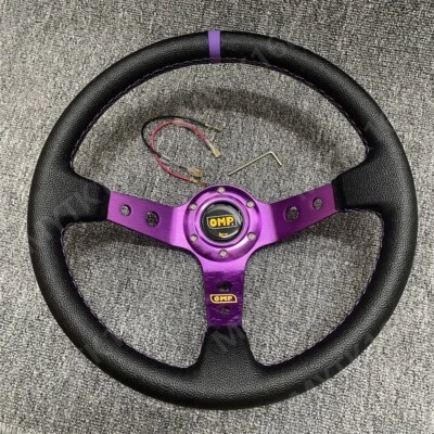 OMP Purple Deep Dish PU Leather Racing Drift Sport Steering Wheel 340mm/14'' - Image 1 of 4