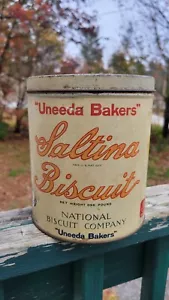 Galleta antigua ""Uneeda Bakers"" Saltina 1 lb lata, vintage - Imagen 1 de 12