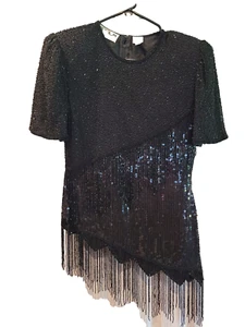 SCALA Pailletten Perlen festliches Seidenkleid schwarz Kurzarm Fransen Gr. M Vintage - Bild 1 von 20