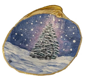 Baum Winter Schnee Szene Muschel handbemalt Goldrand - Muscheln Weihnachten - Bild 1 von 6
