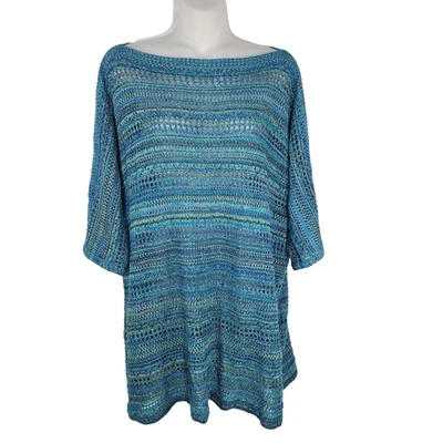 Suéter Catherine's Para Mujer 1X Tejido Abierto Azul Crochet Dolman Manga Corta Barco Foto 1 de 4