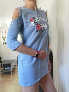 Select Mini Dress Tunic Sleeveless Cold Shoulder Eyelet Blue With Roses Summer - Picture 1 of 4