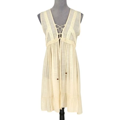 Easel Long Vest Womens Small Beige Semi Sheer Lace Trim Lace Up Front Top New - Image 1 of 4