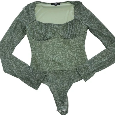 Lulus Bodysuit Womens Medium Green Major Aesthetic Sage Green Ditsy Floral Mesh - Photo 1/4