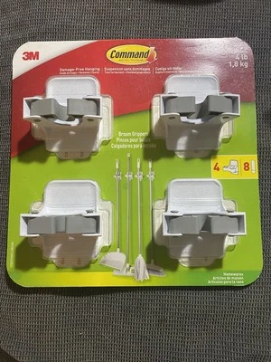 3M Command Adhesive Wall Mounted White Gray Broom Mop Grippers 4 Pk New - Image 1 of 2