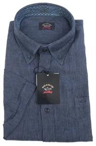 PAUL & SHARK YACHTING Men's Short Sleeve Dress Formal Linen Shirt 43 17" Blue - Picture 1 of 4
