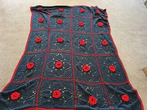 VTG Handmade Coral Pink Red Granny Square Blanket 3D Roses Crochet Throw Afghan - Picture 1 of 4
