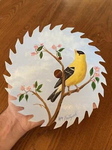 William Fritzsch Jr (1939-2018) Oil On Saw Blade Goldfinch Tree w/ Pink Flowers - Picture 1 of 24