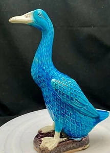 VINTAGE PORCELLANA TURCHESE BLU ANATRA OCA SMALTATA FIGURA MEDIA/GRANDE 8,7" c1900 vg - Foto 1 di 11