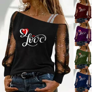 Plus Size Womens Glitter Tops TEE Long Sleeve Sheer Mesh Love Heart Party Shirts - Picture 1 of 14
