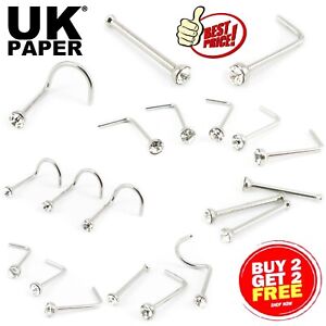 SILVER NOSE STUD STRAIGHT I L SCREW SHAPE SURGICAL STEEL PIN GEM CLEAR PIERCINGS
