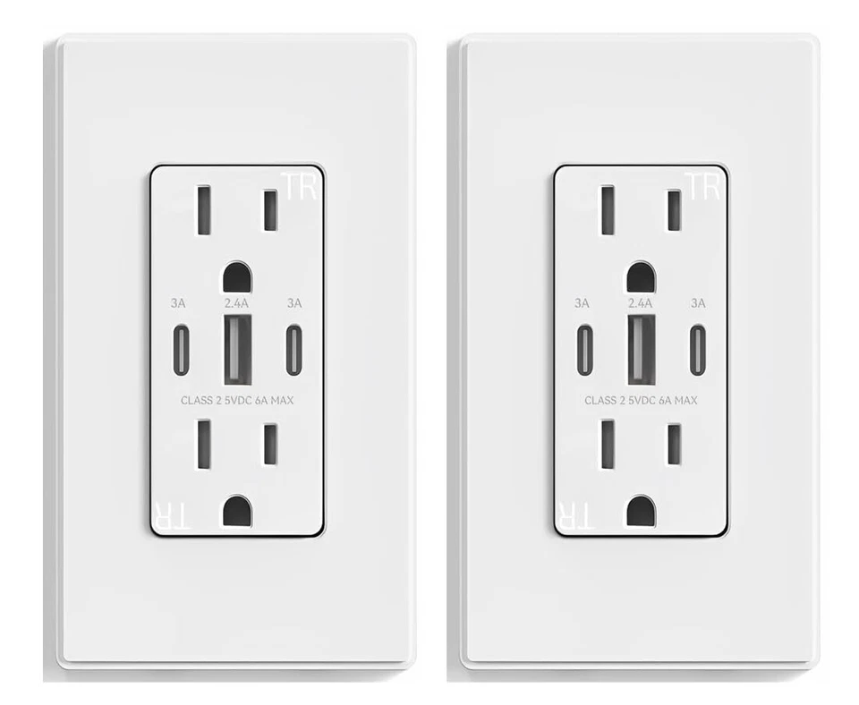 MICMI USB Charger Wall Outlet Dual High Speed Receptacle 15-Amp, Smart 6A Fast Charge