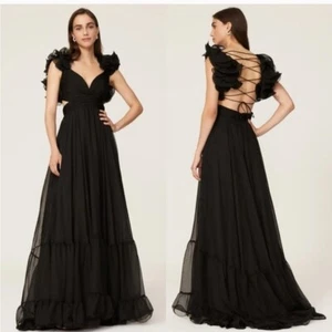 Mac Duggal Black Rosette Chiffon Cutout Empire Waist Gown Size 4 $598 - Picture 1 of 7