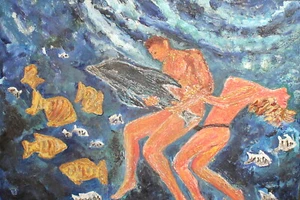 VINTAGE FAUVIST NUDE COUPLE PORTRAIT SEASCAPE OIL PAINTING - Picture 1 of 11