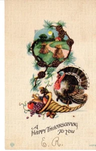 Postal de colección Acción de Gracias Saludo Pavo peine de pino tarjeta de arte corona - Imagen 1 de 2
