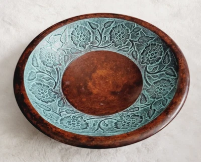 Vintage Etched Floral Turquoise Brown Brass Bowl Heavy So Pretty 😍  - Image 1 of 4