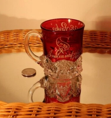 ANTIQUE SOUVENIR GLASS RED FLASHING CUP U OF NA INDIANAPOLIS IND 1903 A E PARKER - Image 1 of 4