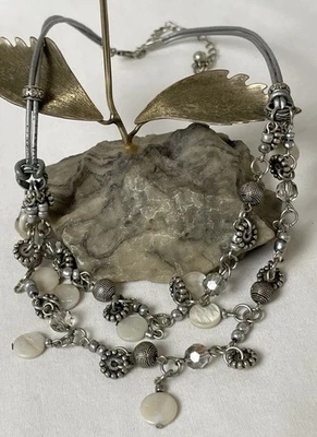 Vtg Mother Of Pearl Layered Necklace 18” Ornate Fine Silver Beads Leather Cord - Image 1 of 4