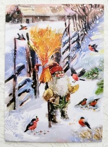 Nordic Christmas Card Swedish Norwegian -Lovely Gnome with bullfinches - Picture 1 of 2