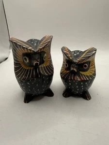 VTG Pair Of Wooden Hand Crafted Painted Colorful Owl Bird Sculpture Figurines - Picture 1 of 10