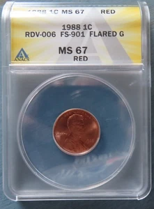1988 Wide Am "Flared G" Lincoln Penny ANACS MS67 RD  - Rare High Grade - Top Pop - Picture 1 of 11