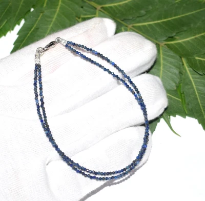 925 Argento Sterling Bracciale 9 " 2 Strato Stringa Blu Lapislazzuli Gemma 2 MM - Immagine 1 di 4