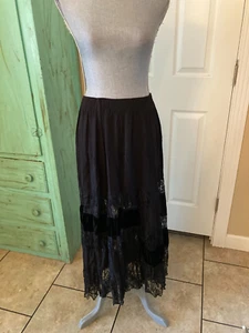 CHAUS, VTG, BLACK LACE AND VELVET, FLARED LONG SKIRT WITH ELASTIC WAIST, M - Picture 1 of 5