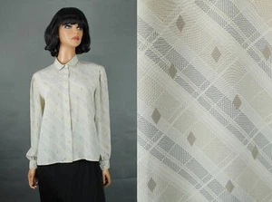 Vintage Secretary Bluse Gr. 14P L 80er beige grau kariert geometrisch Kleid Hemd - Bild 1 von 7