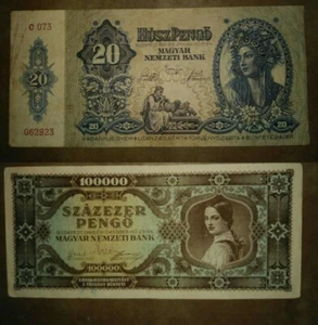 Two 20 Pengo 1941 &100000 Pengo 1945 🇭🇺Huyngary Banknote  Budapest Criculated  - Picture 1 of 5
